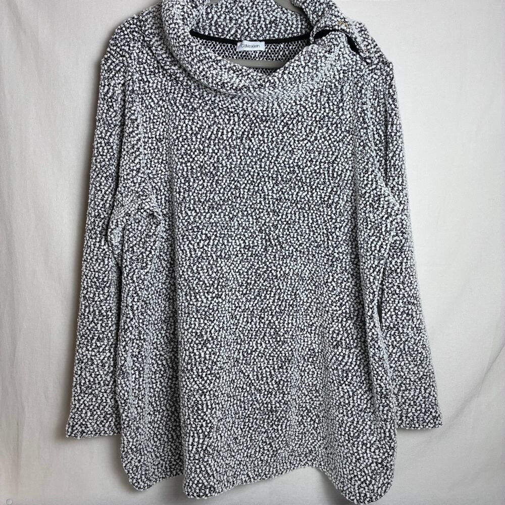Calvin Klein Cowl Neck Sweater Tunic Black White Boucle Knit Gold Grommets XL